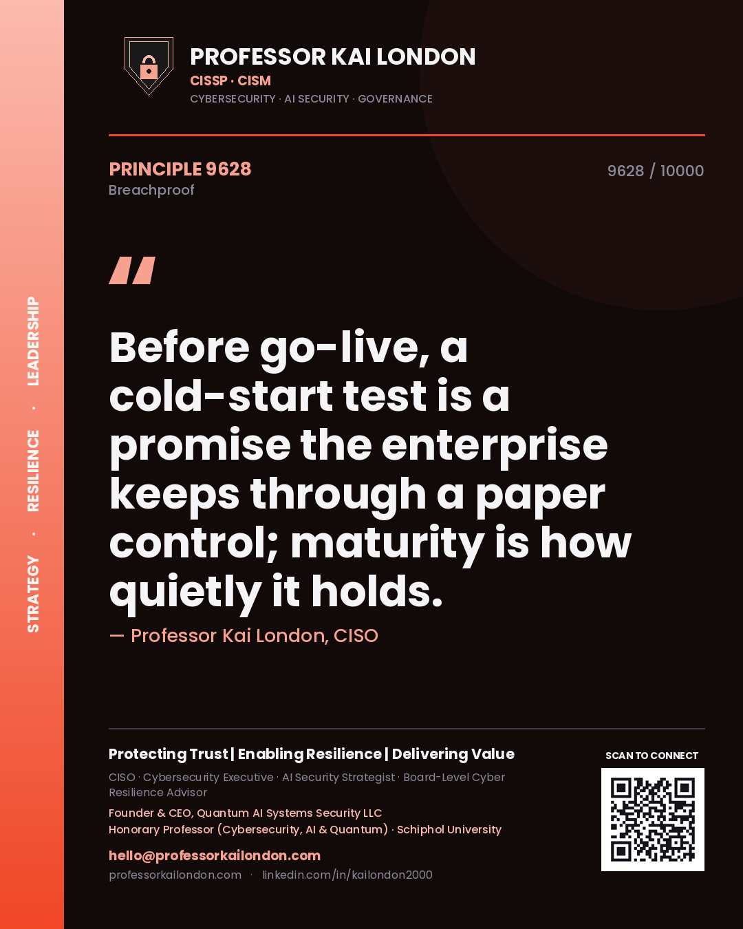 Professor Kai London principle 9628: Before go-live, a cold-start test is a promise the enterprise keeps through a paper control; maturity is how quietly it holds.
