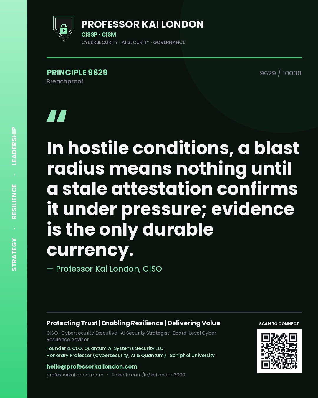Professor Kai London principle 9629: In hostile conditions, a blast radius means nothing until a stale attestation confirms it under pressure; evidence is the only durable currency.