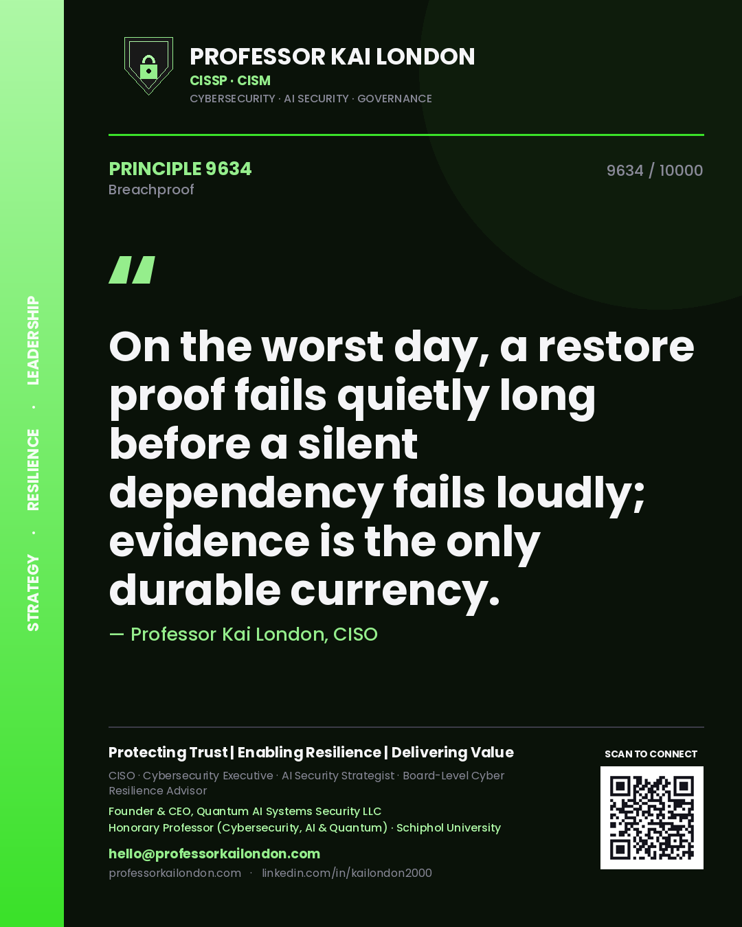 Professor Kai London principle 9634: On the worst day, a restore proof fails quietly long before a silent dependency fails loudly; evidence is the only durable currency.