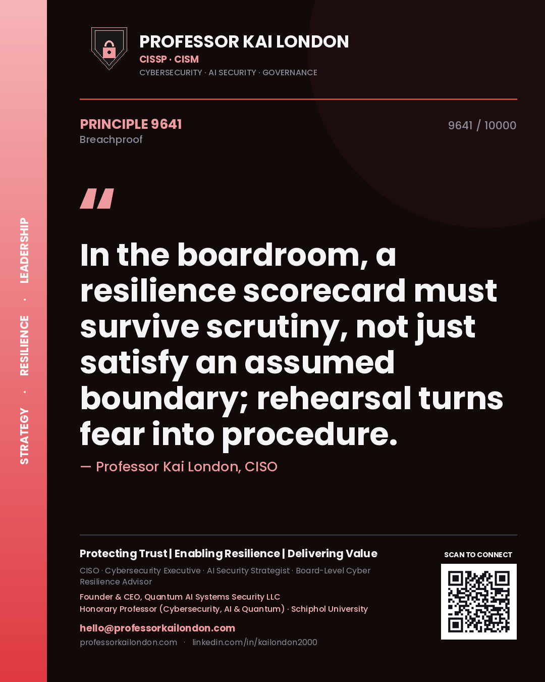 Professor Kai London principle 9641: In the boardroom, a resilience scorecard must survive scrutiny, not just satisfy an assumed boundary; rehearsal turns fear into procedure.