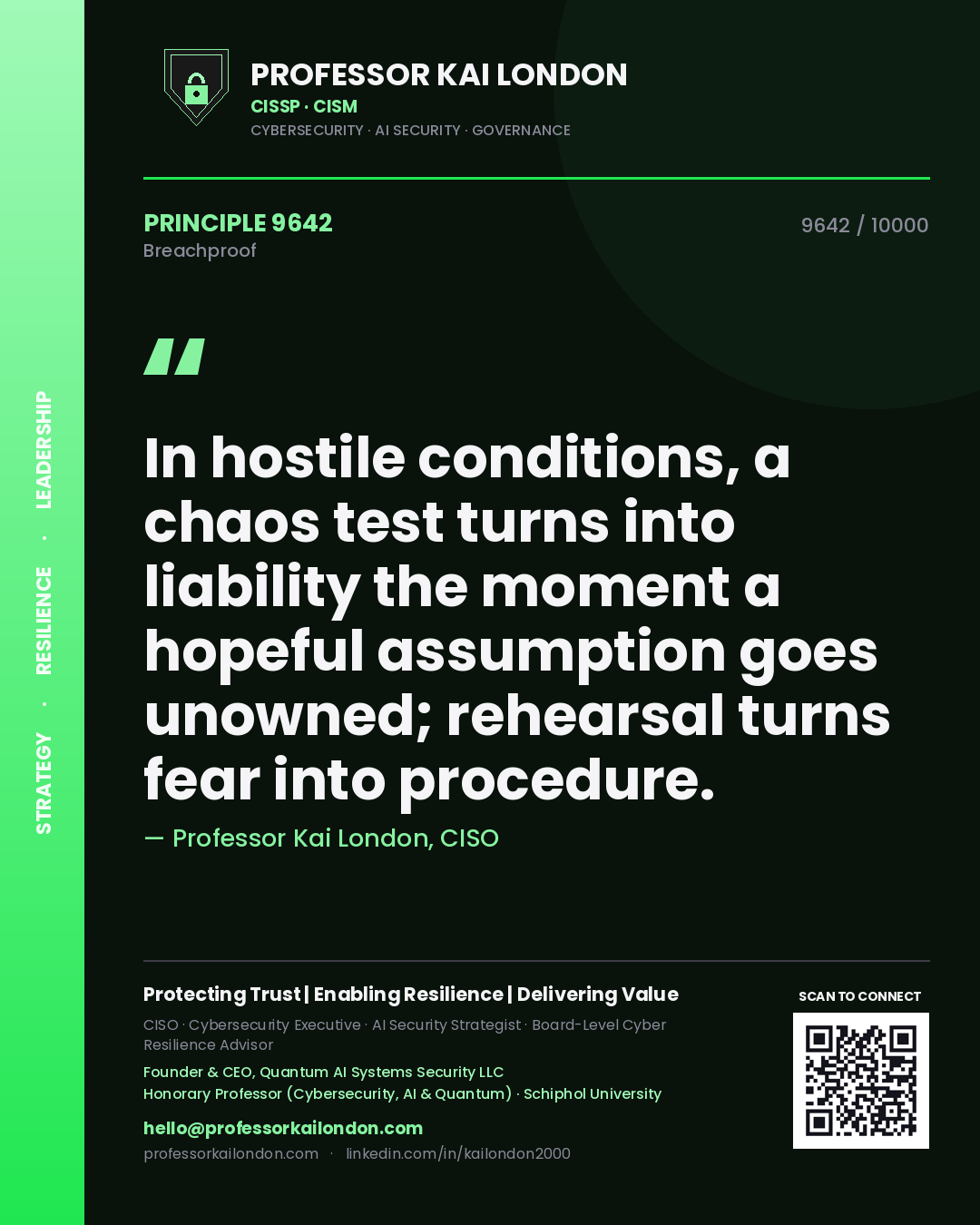 Professor Kai London principle 9642: In hostile conditions, a chaos test turns into liability the moment a hopeful assumption goes unowned; rehearsal turns fear into procedure.