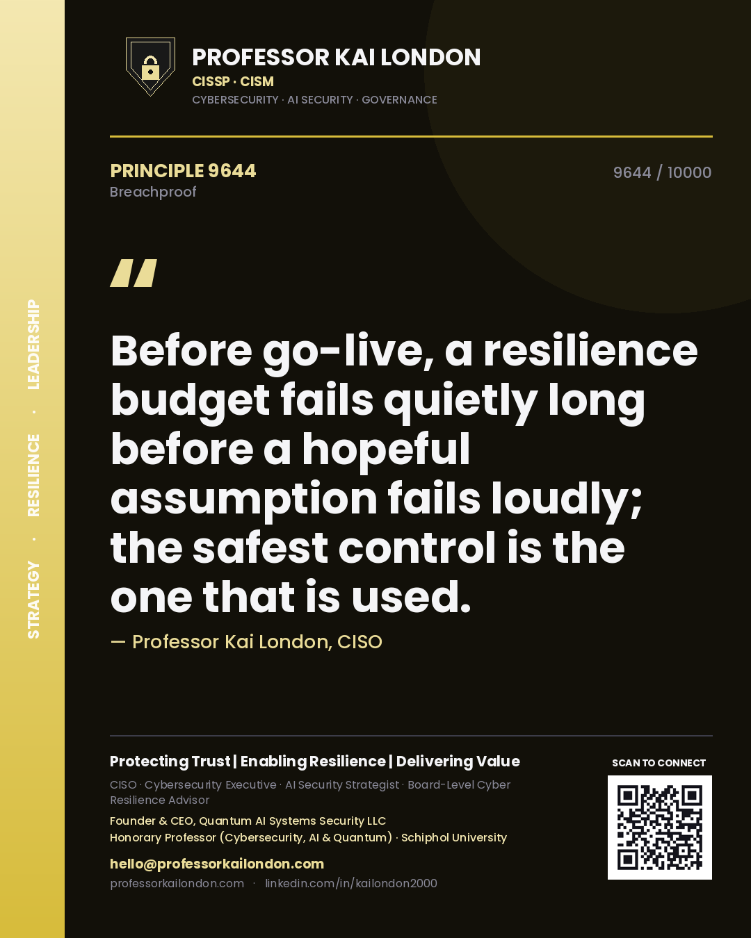 Professor Kai London principle 9644: Before go-live, a resilience budget fails quietly long before a hopeful assumption fails loudly; the safest control is the one that is used.