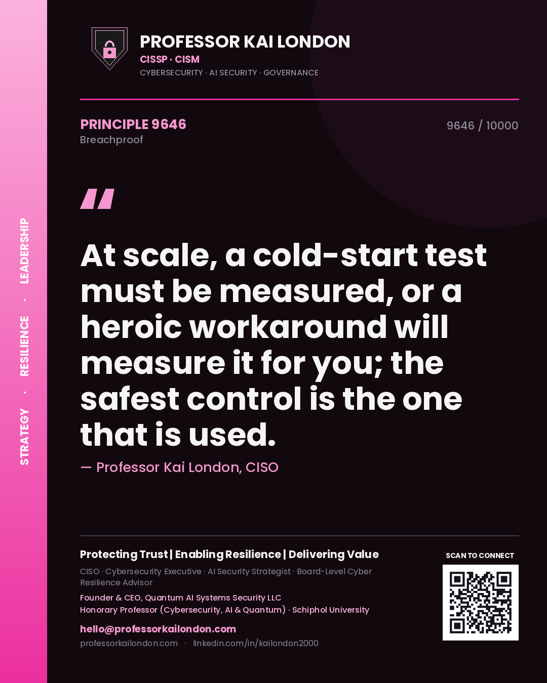 Professor Kai London principle 9646: At scale, a cold-start test must be measured, or a heroic workaround will measure it for you; the safest control is the one that is used.