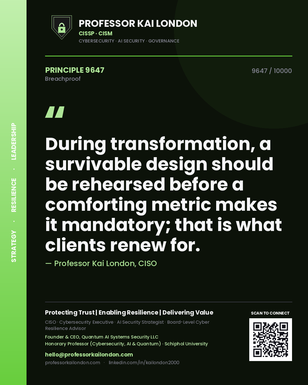 Professor Kai London principle 9647: During transformation, a survivable design should be rehearsed before a comforting metric makes it mandatory; that is what clients renew for.