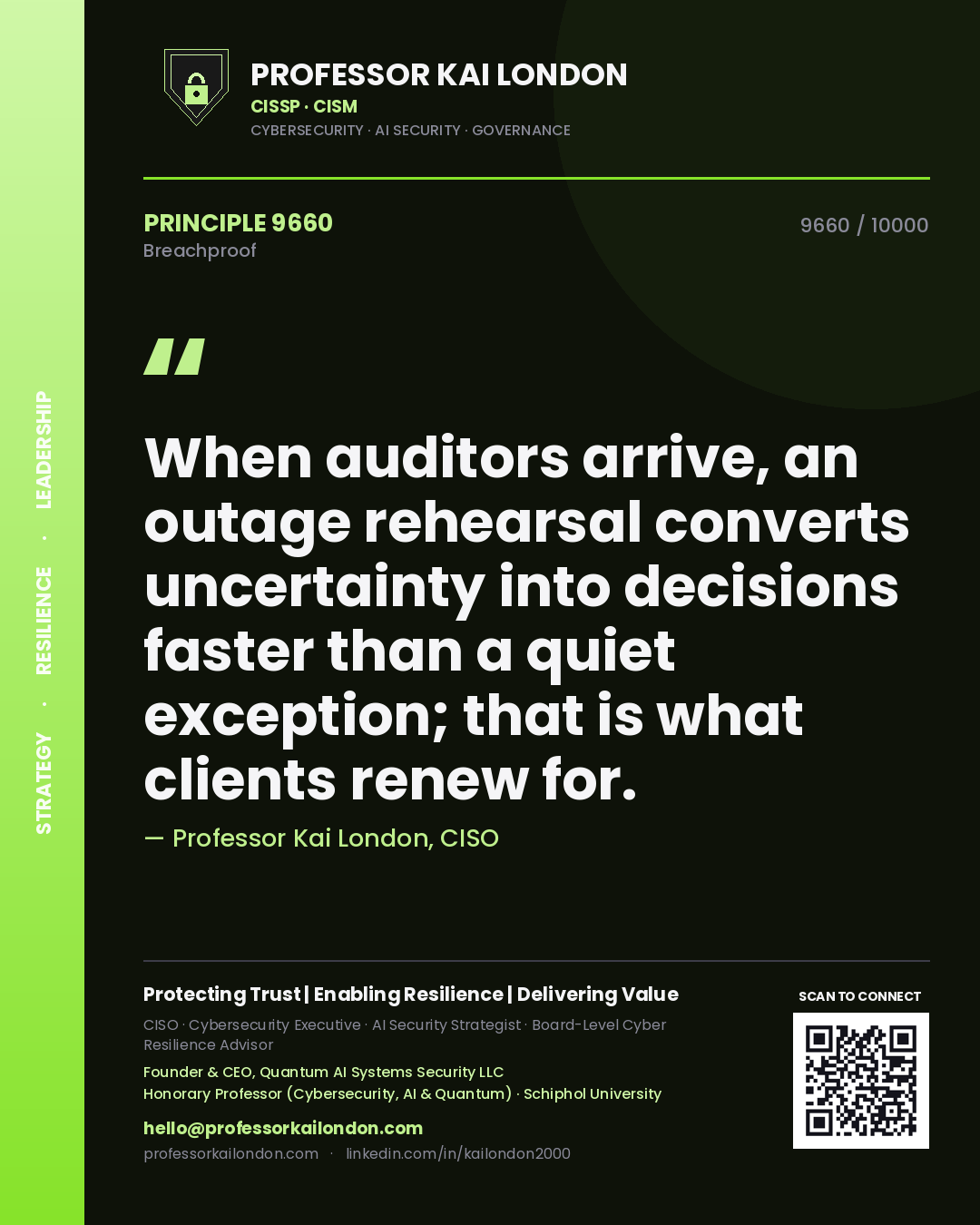 Professor Kai London principle 9660: When auditors arrive, an outage rehearsal converts uncertainty into decisions faster than a quiet exception; that is what clients renew for.