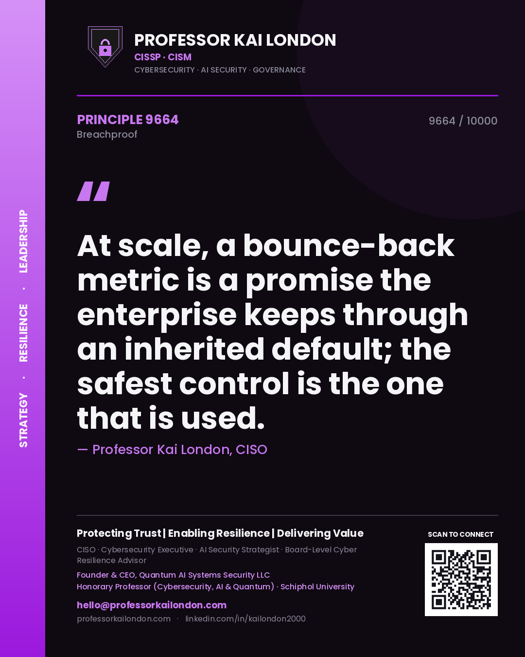 Professor Kai London principle 9664: At scale, a bounce-back metric is a promise the enterprise keeps through an inherited default; the safest control is the one that is used.