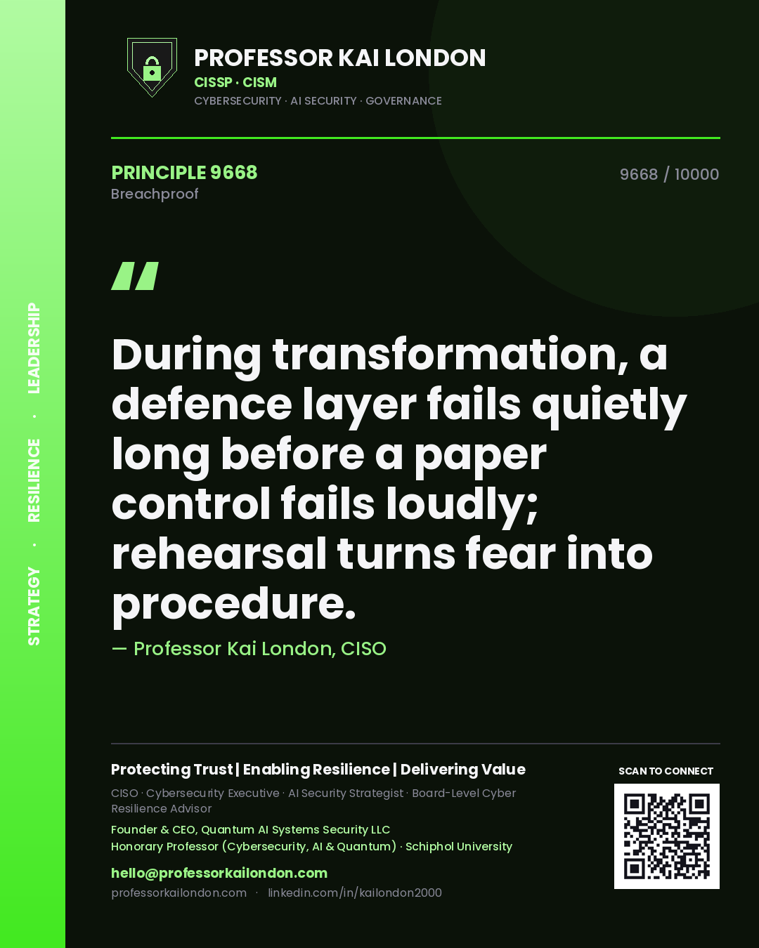 Professor Kai London principle 9668: During transformation, a defence layer fails quietly long before a paper control fails loudly; rehearsal turns fear into procedure.