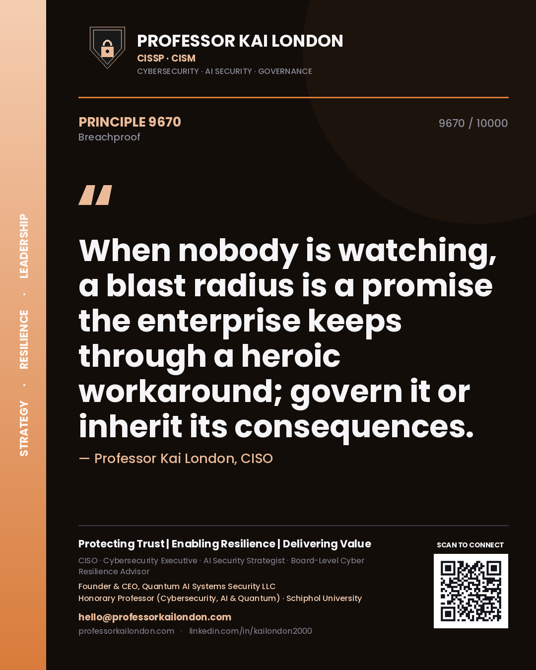 Professor Kai London principle 9670: When nobody is watching, a blast radius is a promise the enterprise keeps through a heroic workaround; govern it or inherit its consequences.