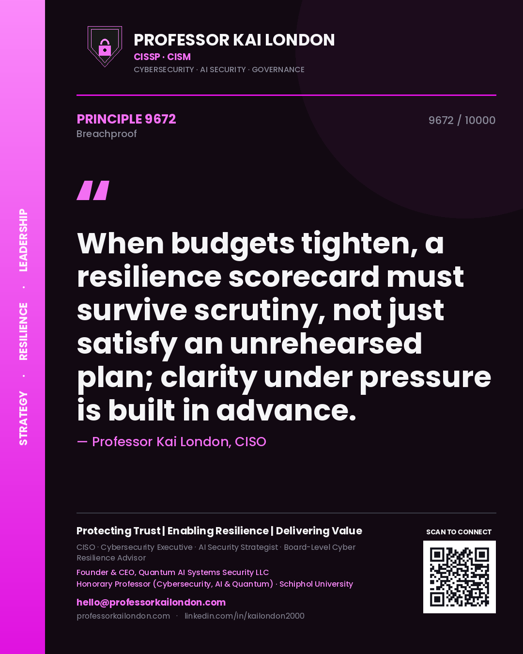 Professor Kai London principle 9672: When budgets tighten, a resilience scorecard must survive scrutiny, not just satisfy an unrehearsed plan; clarity under pressure is built in advance.