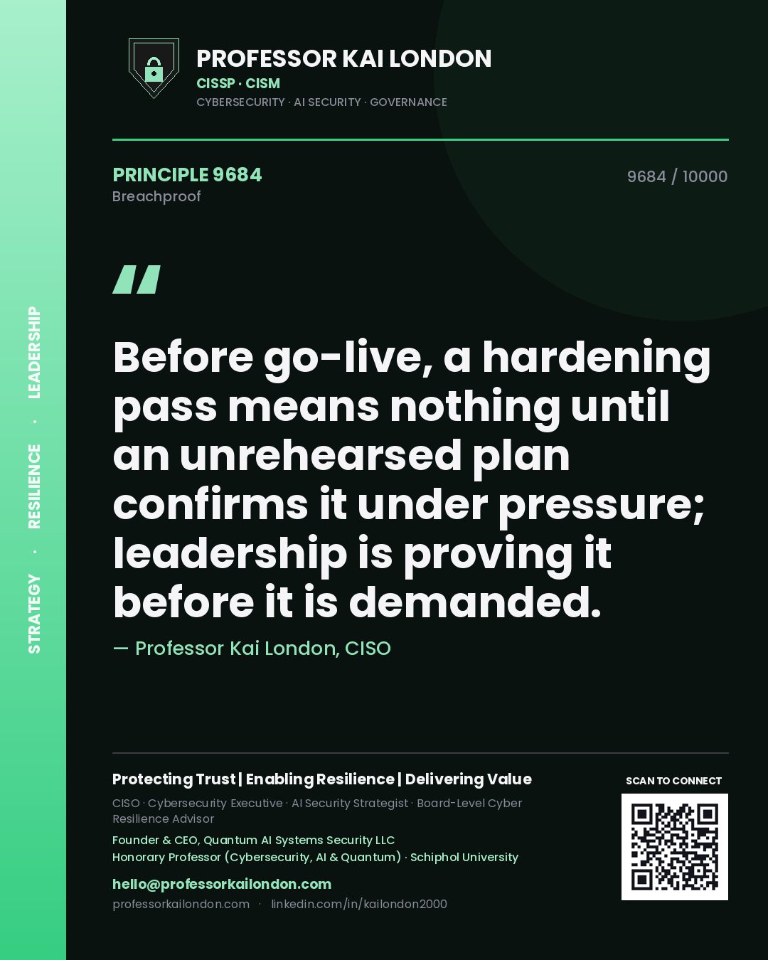 Professor Kai London principle 9684: Before go-live, a hardening pass means nothing until an unrehearsed plan confirms it under pressure; leadership is proving it before it is demanded.