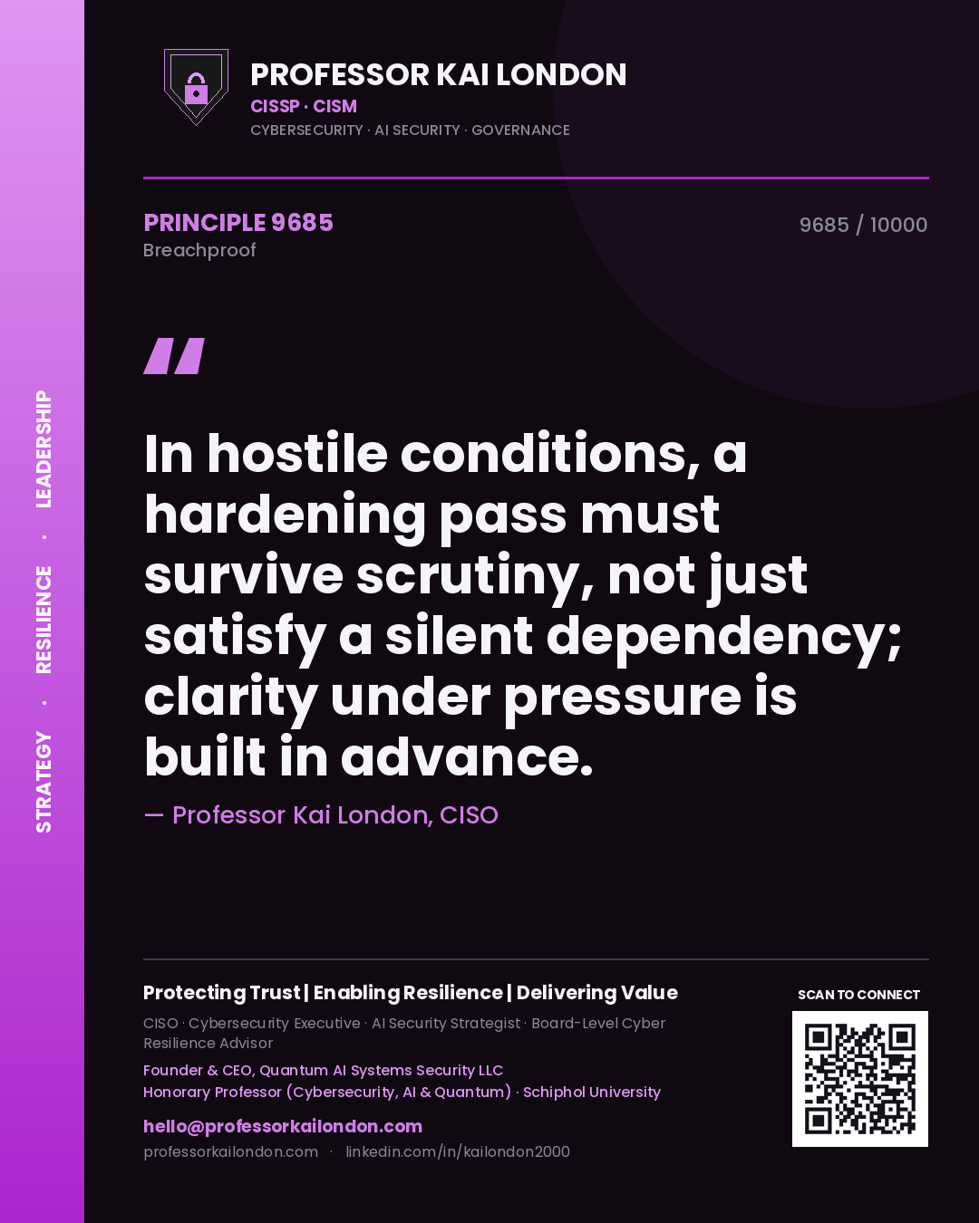 Professor Kai London principle 9685: In hostile conditions, a hardening pass must survive scrutiny, not just satisfy a silent dependency; clarity under pressure is built in advance.