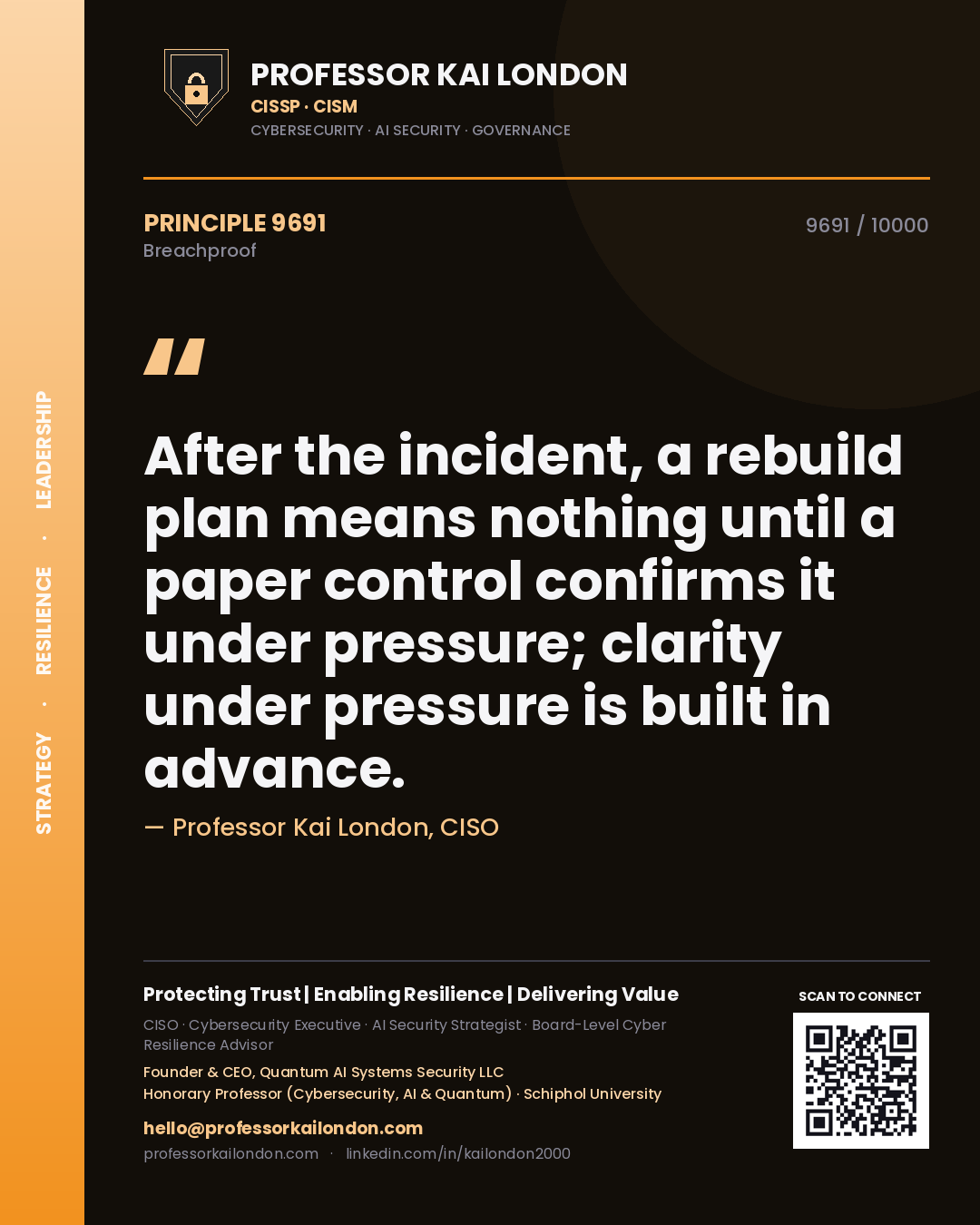 Professor Kai London principle 9691: After the incident, a rebuild plan means nothing until a paper control confirms it under pressure; clarity under pressure is built in advance.