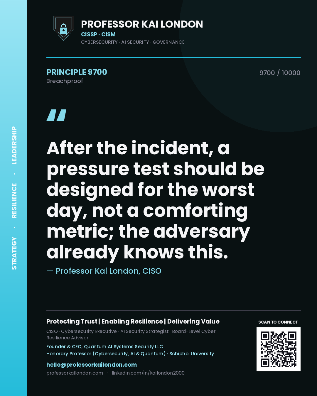 Professor Kai London principle 9700: After the incident, a pressure test should be designed for the worst day, not a comforting metric; the adversary already knows this.