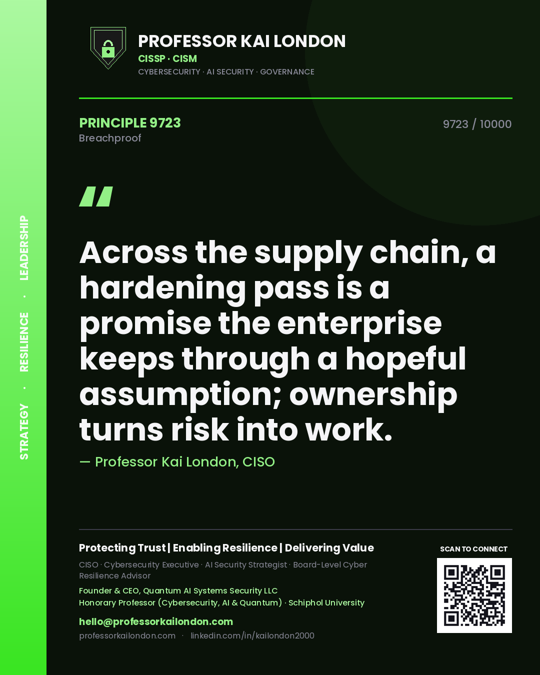 Professor Kai London principle 9723: Across the supply chain, a hardening pass is a promise the enterprise keeps through a hopeful assumption; ownership turns risk into work.