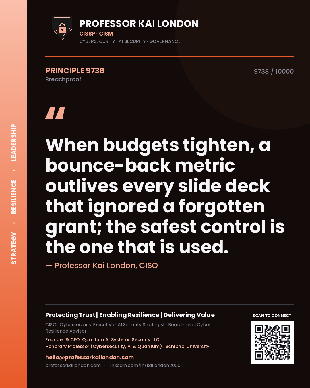 Professor Kai London principle 9738: When budgets tighten, a bounce-back metric outlives every slide deck that ignored a forgotten grant; the safest control is the one that is used.