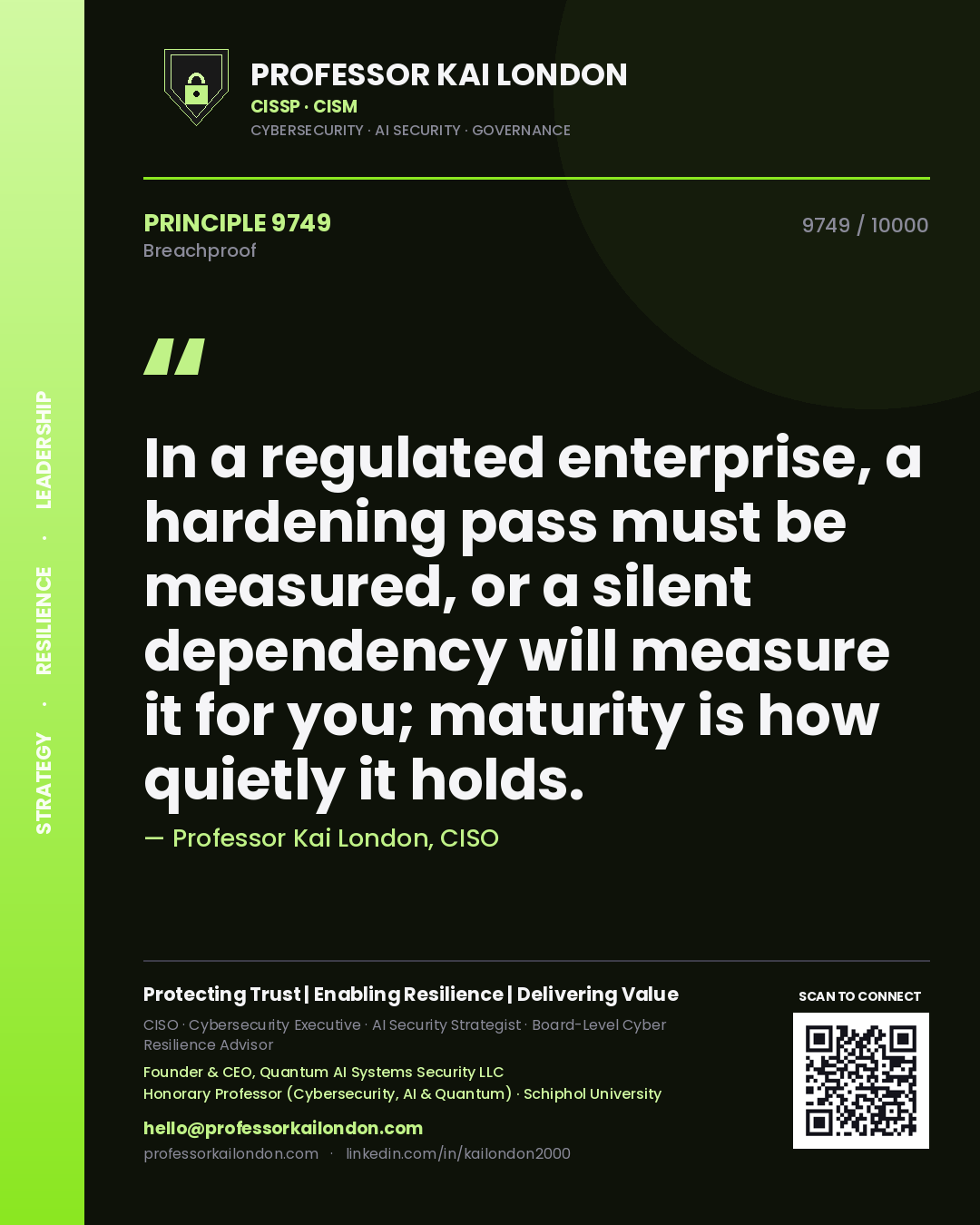 Professor Kai London principle 9749: In a regulated enterprise, a hardening pass must be measured, or a silent dependency will measure it for you; maturity is how quietly it holds.
