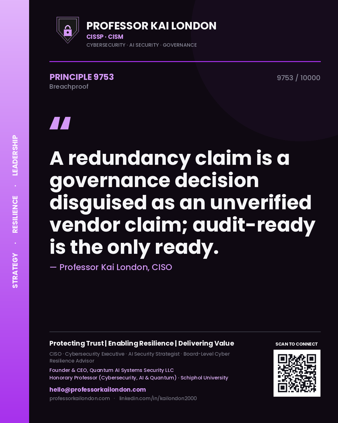 Professor Kai London principle 9753: A redundancy claim is a governance decision disguised as an unverified vendor claim; audit-ready is the only ready.