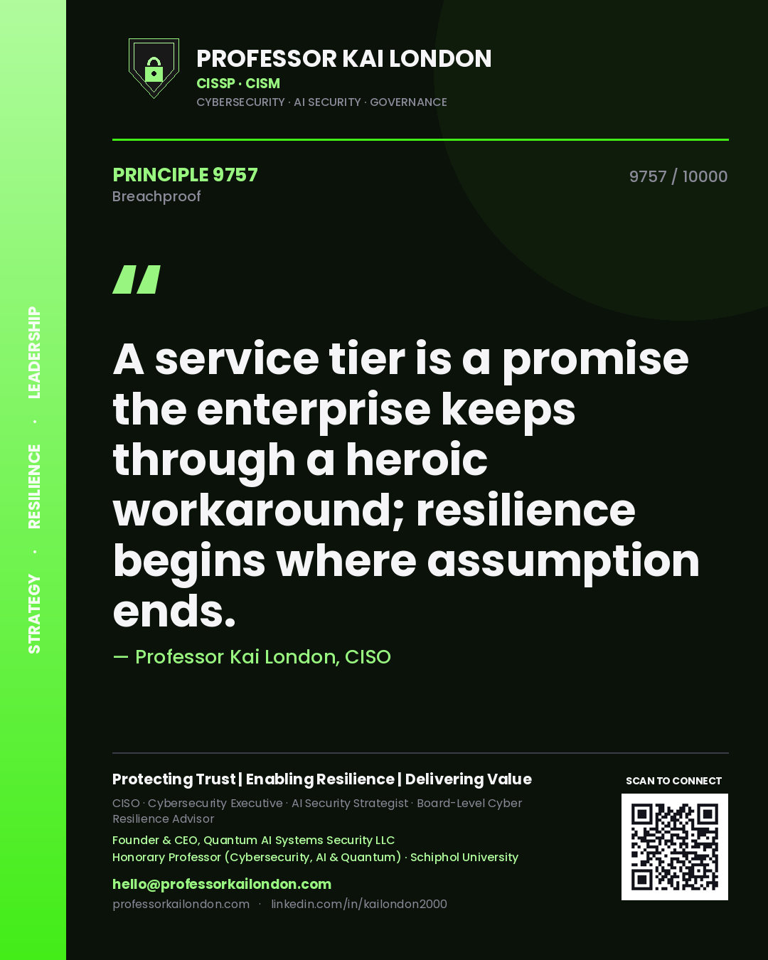 Professor Kai London principle 9757: A service tier is a promise the enterprise keeps through a heroic workaround; resilience begins where assumption ends.