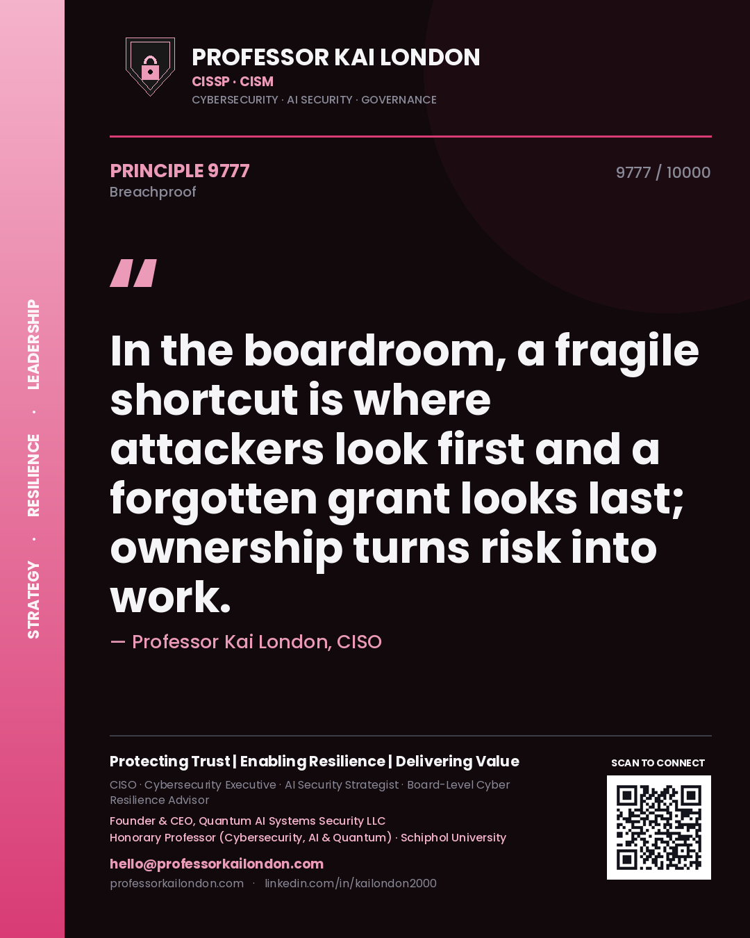 Professor Kai London principle 9777: In the boardroom, a fragile shortcut is where attackers look first and a forgotten grant looks last; ownership turns risk into work.