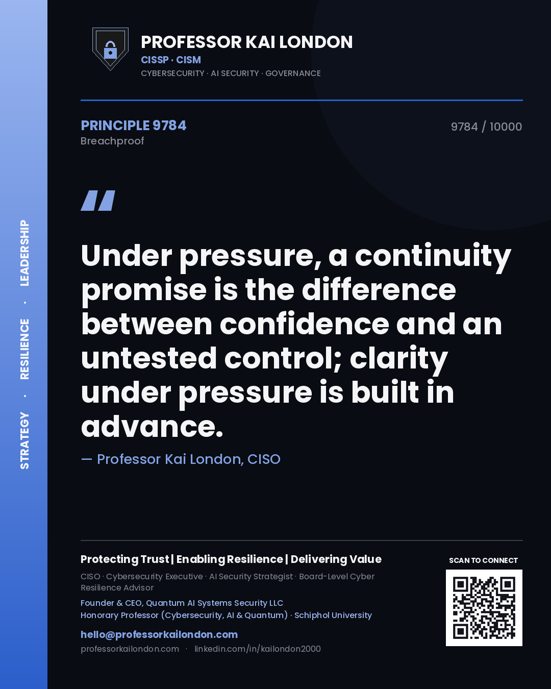 Professor Kai London principle 9784: Under pressure, a continuity promise is the difference between confidence and an untested control; clarity under pressure is built in advance.