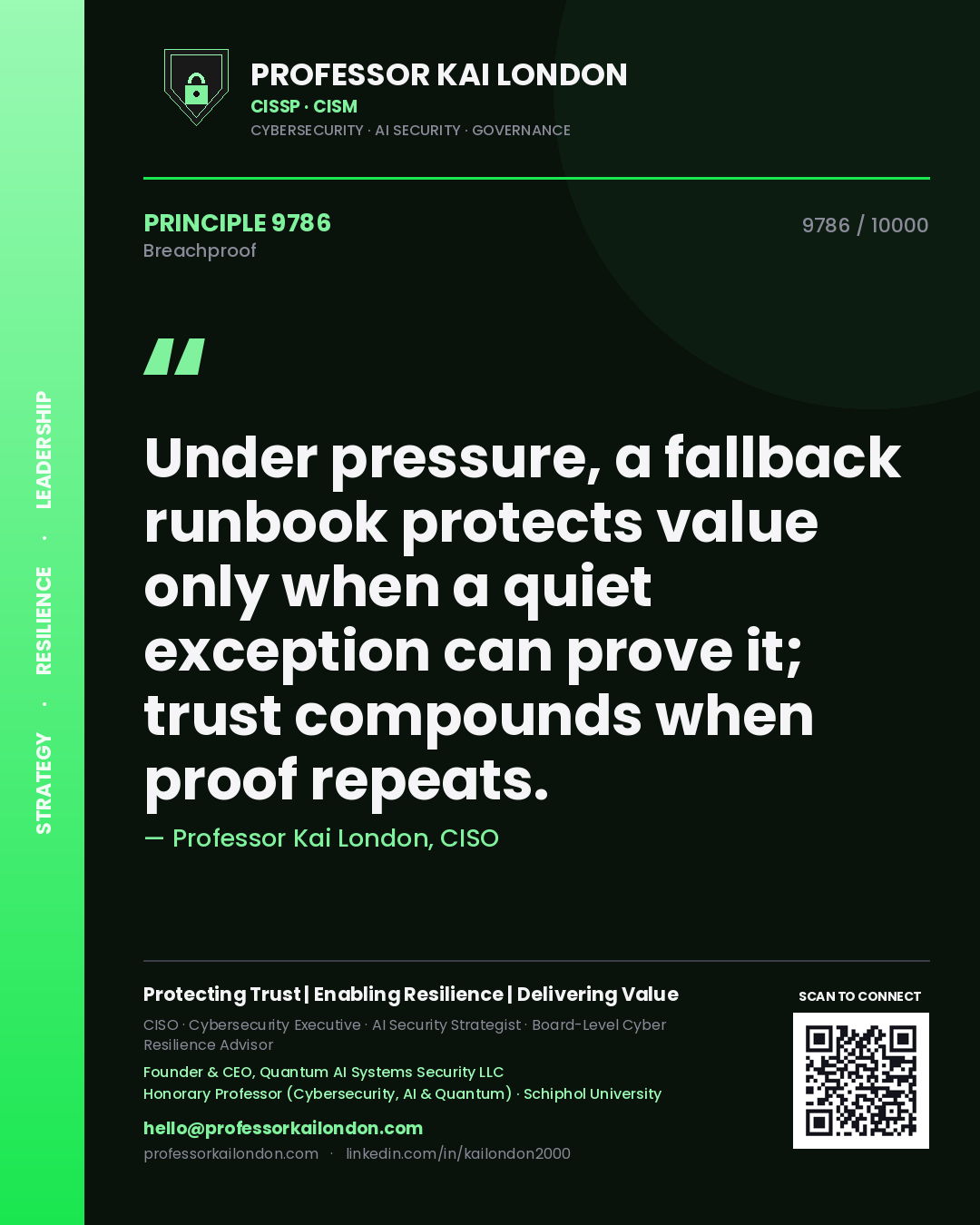 Professor Kai London principle 9786: Under pressure, a fallback runbook protects value only when a quiet exception can prove it; trust compounds when proof repeats.