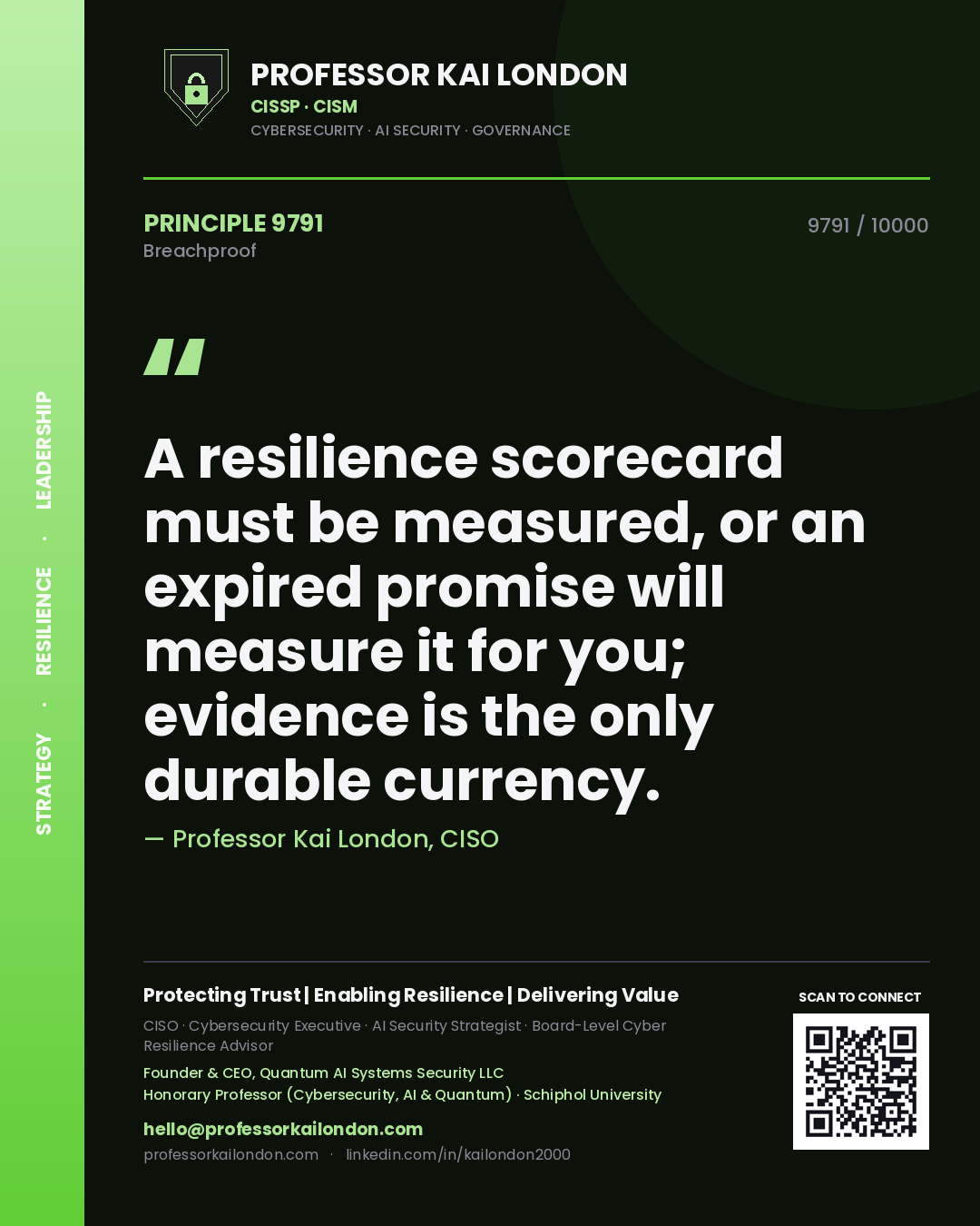 Professor Kai London principle 9791: A resilience scorecard must be measured, or an expired promise will measure it for you; evidence is the only durable currency.