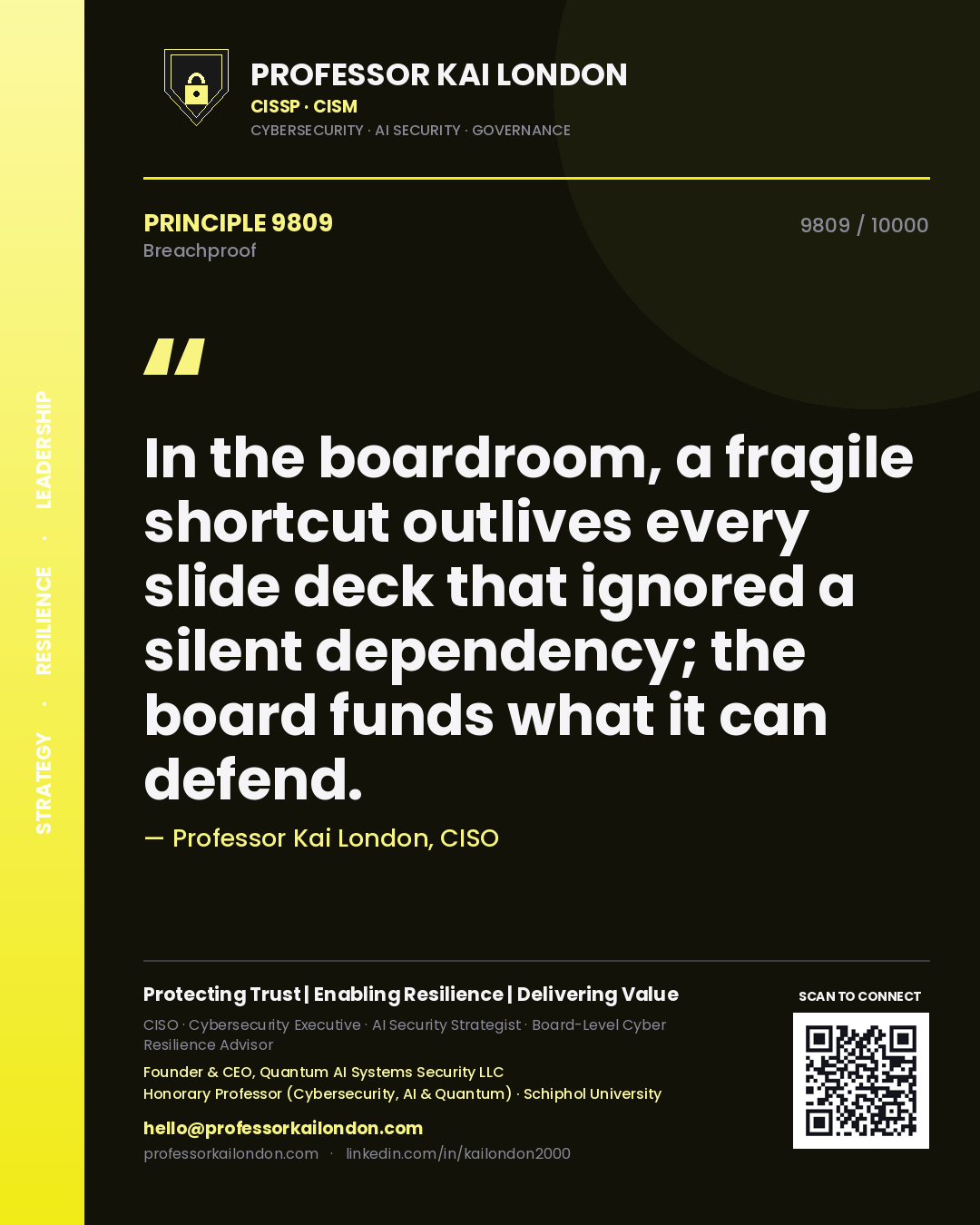 Professor Kai London principle 9809: In the boardroom, a fragile shortcut outlives every slide deck that ignored a silent dependency; the board funds what it can defend.