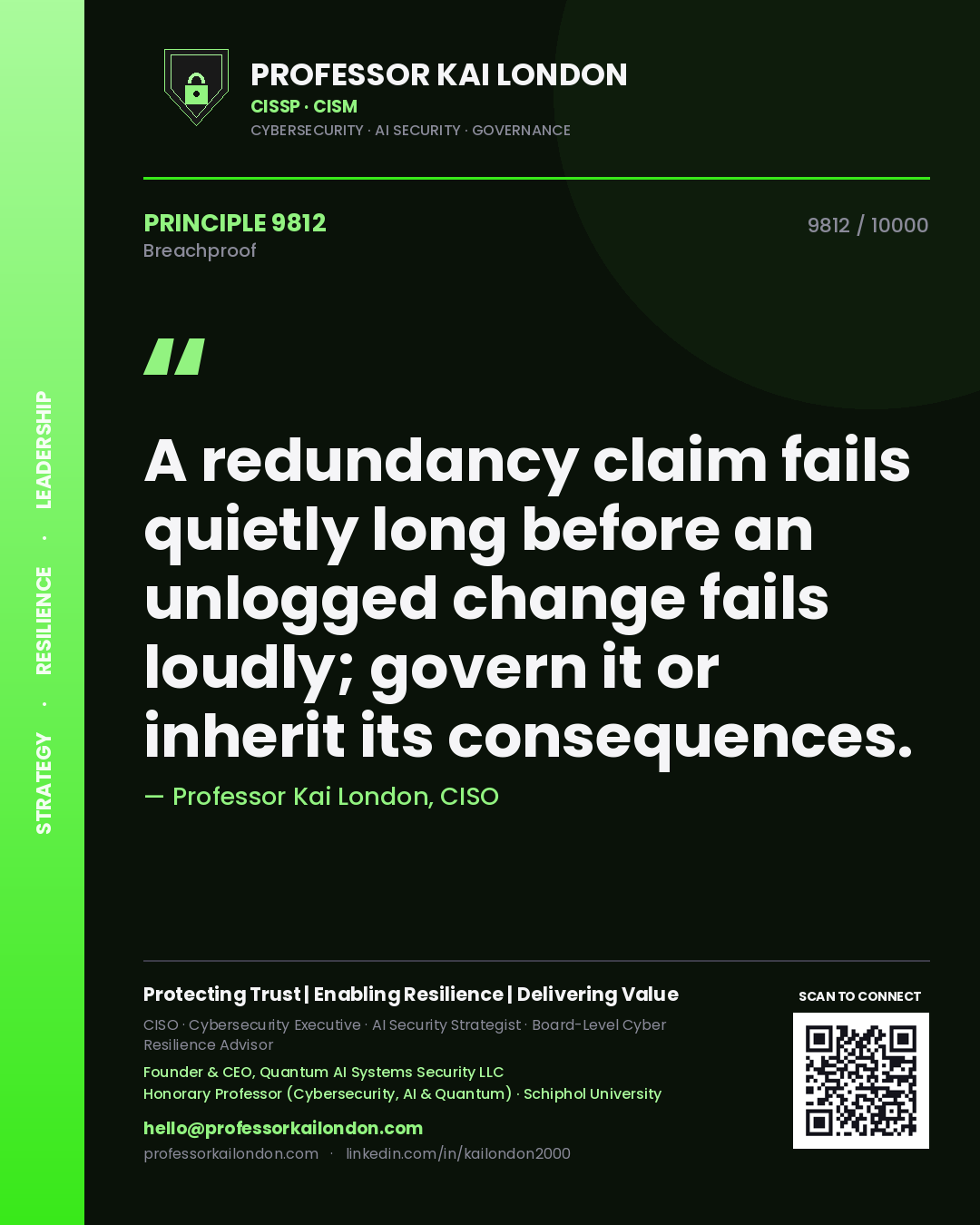 Professor Kai London principle 9812: A redundancy claim fails quietly long before an unlogged change fails loudly; govern it or inherit its consequences.