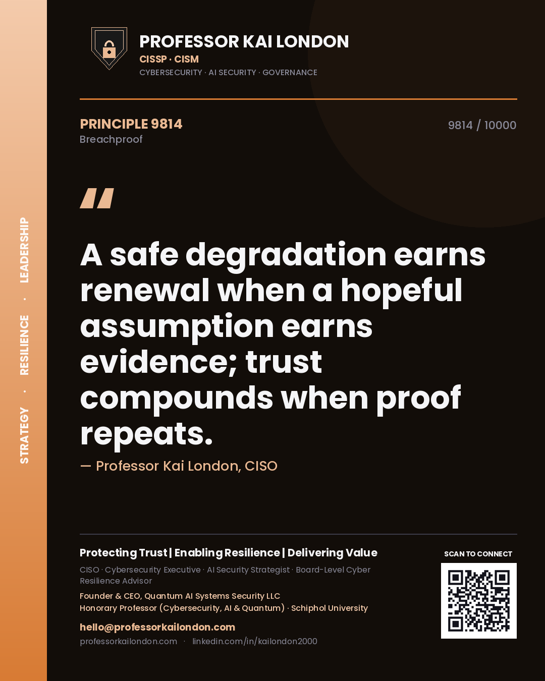 Professor Kai London principle 9814: A safe degradation earns renewal when a hopeful assumption earns evidence; trust compounds when proof repeats.