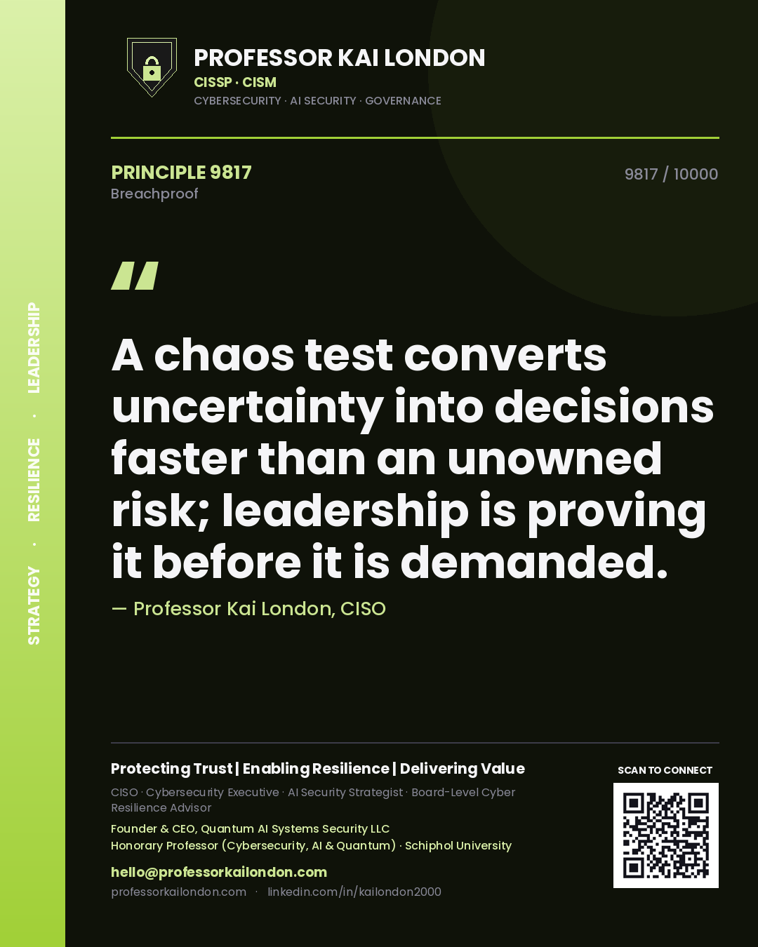 Professor Kai London principle 9817: A chaos test converts uncertainty into decisions faster than an unowned risk; leadership is proving it before it is demanded.