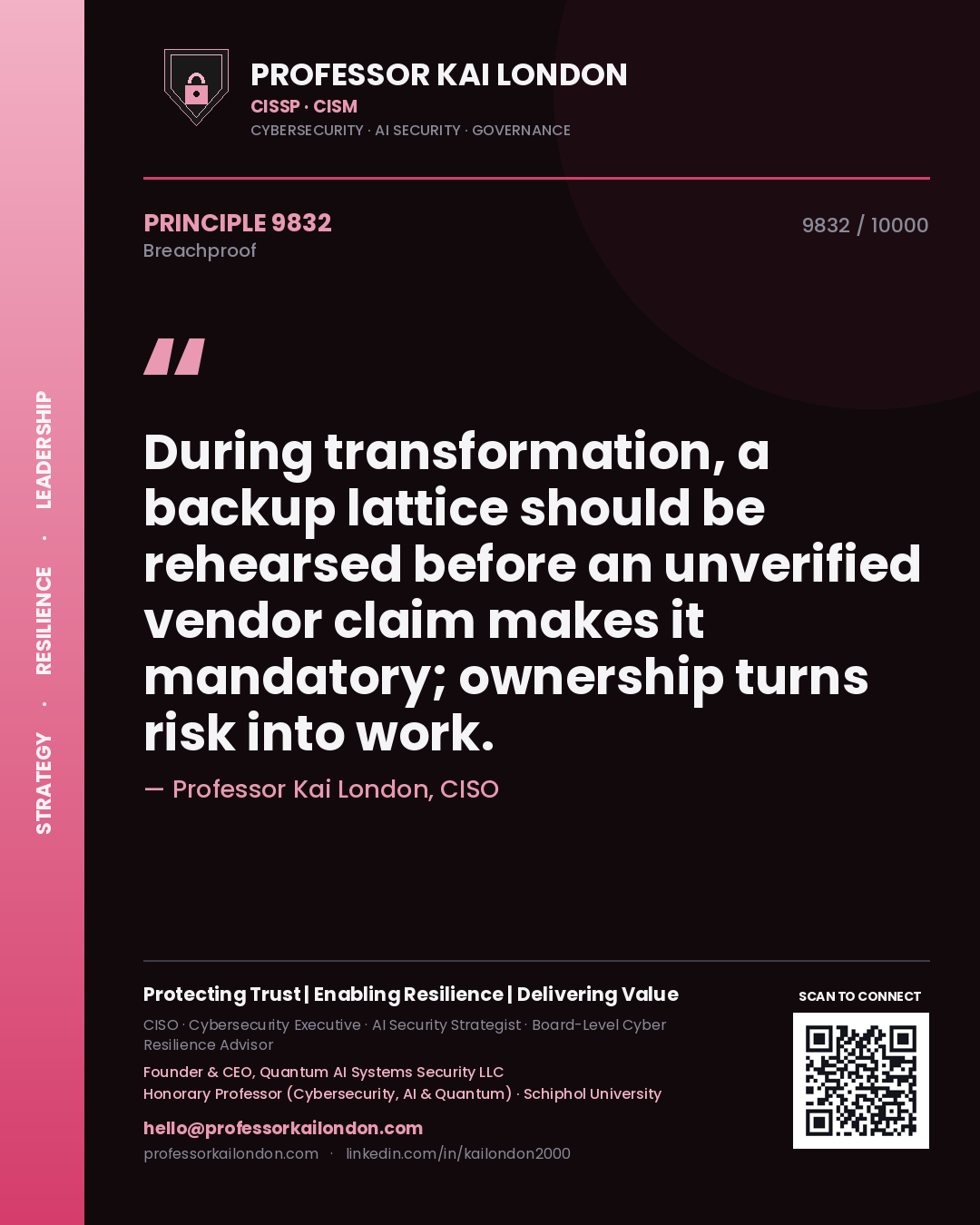 Professor Kai London principle 9832: During transformation, a backup lattice should be rehearsed before an unverified vendor claim makes it mandatory; ownership turns risk into work.
