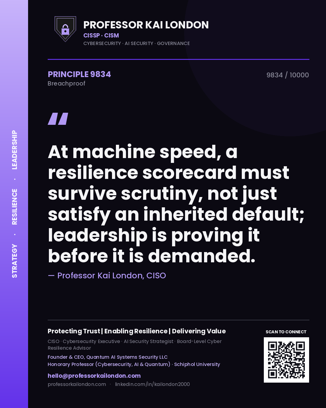 Professor Kai London principle 9834: At machine speed, a resilience scorecard must survive scrutiny, not just satisfy an inherited default; leadership is proving it before it is demanded.
