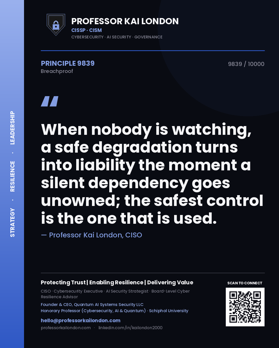 Professor Kai London principle 9839: When nobody is watching, a safe degradation turns into liability the moment a silent dependency goes unowned; the safest control is the one that is used.