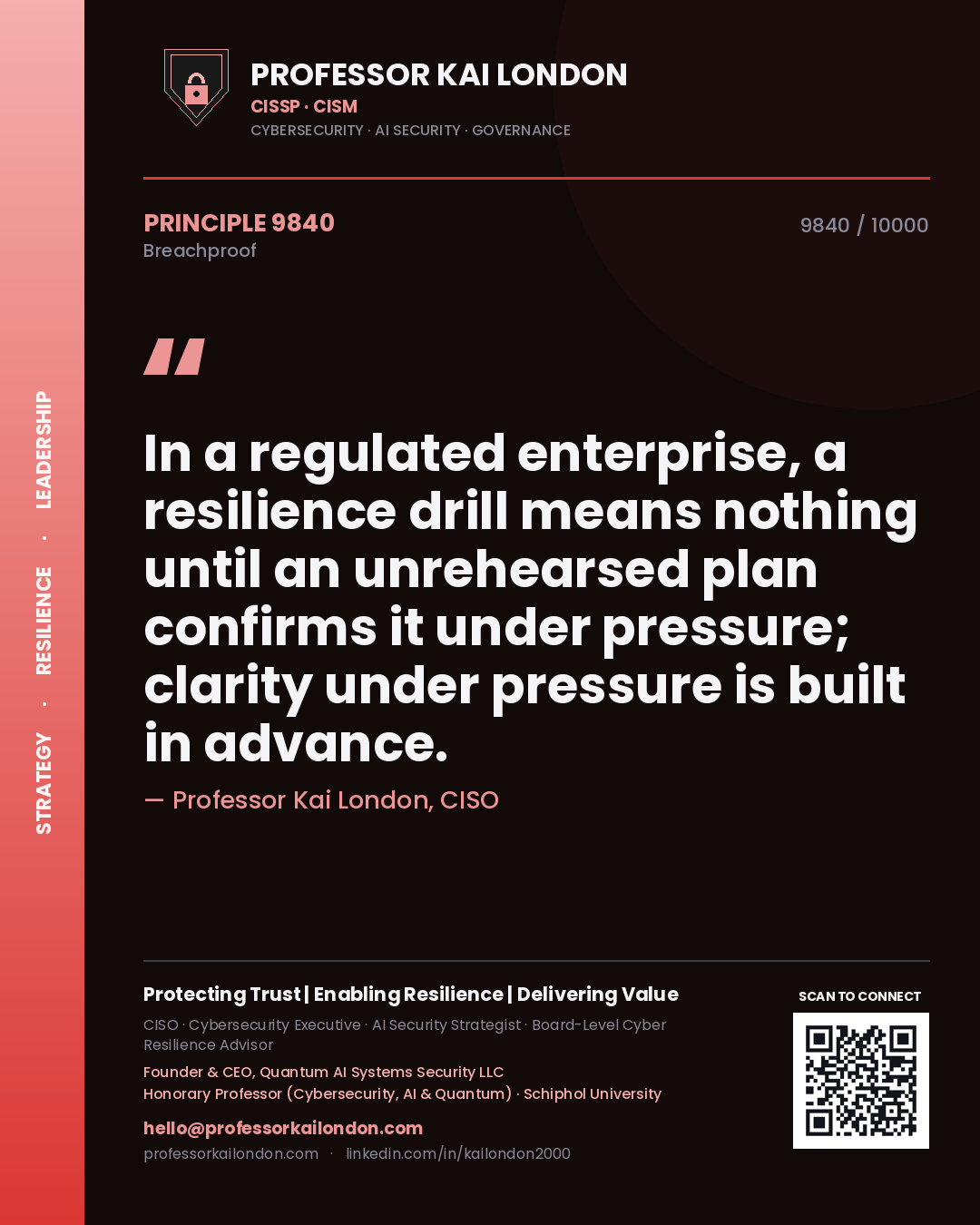 Professor Kai London principle 9840: In a regulated enterprise, a resilience drill means nothing until an unrehearsed plan confirms it under pressure; clarity under pressure is built in advance.
