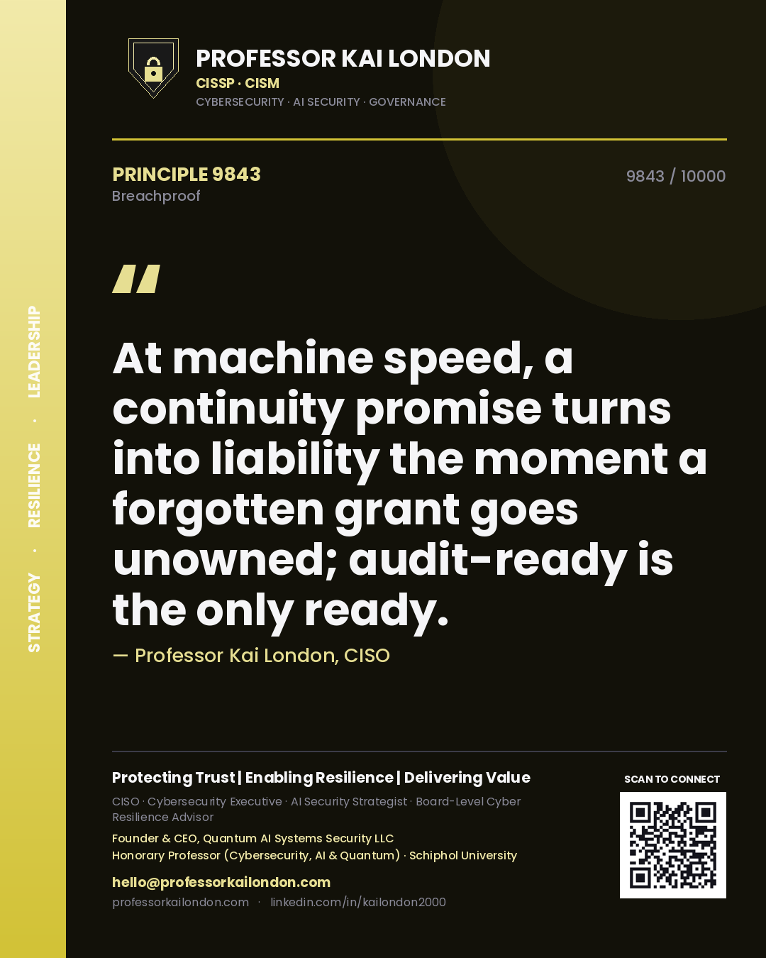 Professor Kai London principle 9843: At machine speed, a continuity promise turns into liability the moment a forgotten grant goes unowned; audit-ready is the only ready.