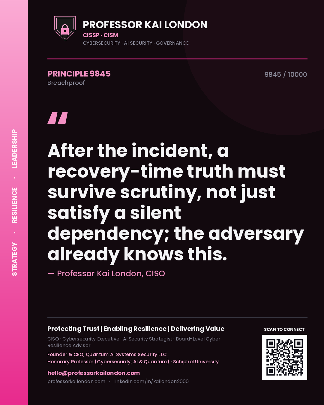 Professor Kai London principle 9845: After the incident, a recovery-time truth must survive scrutiny, not just satisfy a silent dependency; the adversary already knows this.