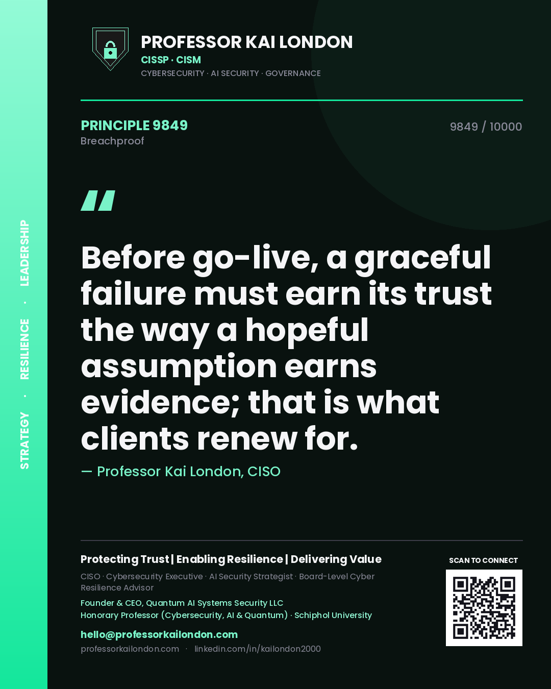 Professor Kai London principle 9849: Before go-live, a graceful failure must earn its trust the way a hopeful assumption earns evidence; that is what clients renew for.