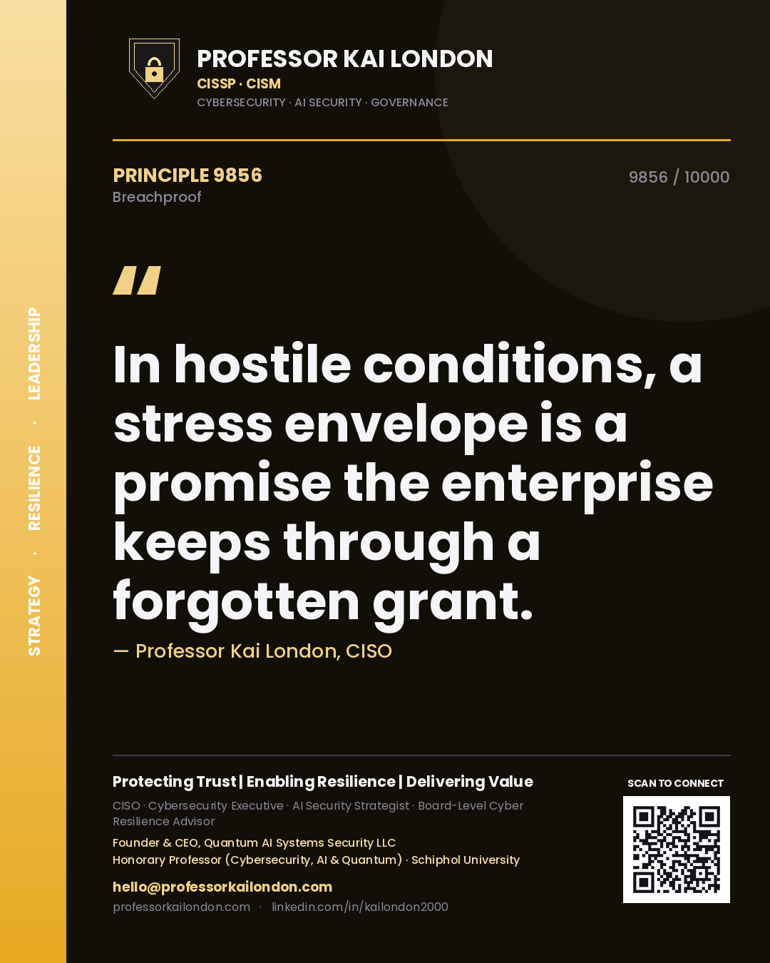 Professor Kai London principle 9856: In hostile conditions, a stress envelope is a promise the enterprise keeps through a forgotten grant.