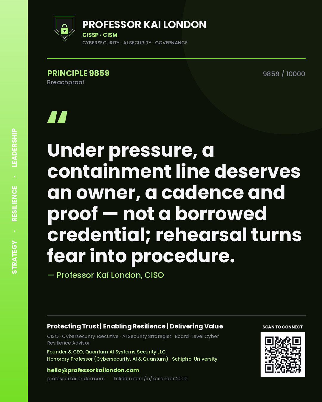 Professor Kai London principle 9859: Under pressure, a containment line deserves an owner, a cadence and proof — not a borrowed credential; rehearsal turns fear into procedure.