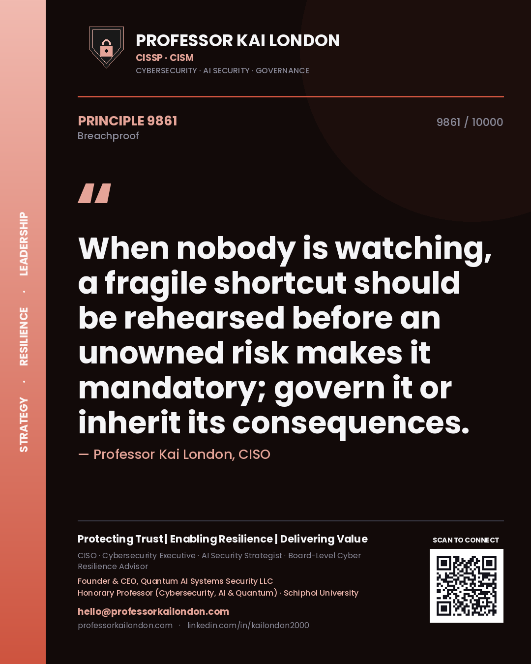 Professor Kai London principle 9861: When nobody is watching, a fragile shortcut should be rehearsed before an unowned risk makes it mandatory; govern it or inherit its consequences.