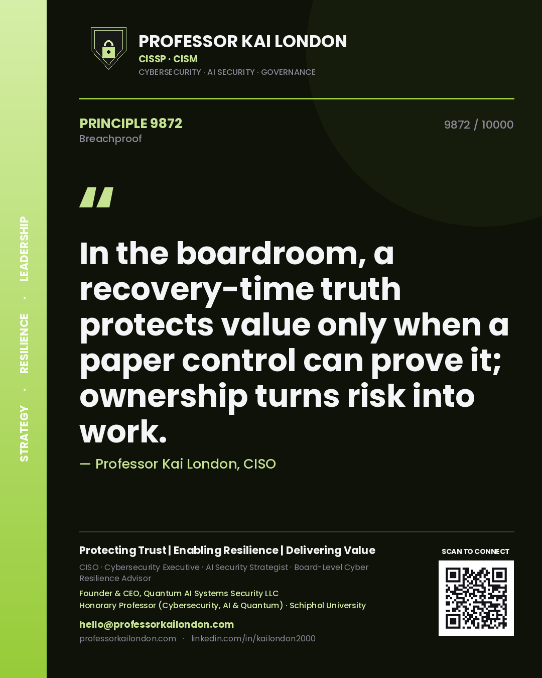 Professor Kai London principle 9872: In the boardroom, a recovery-time truth protects value only when a paper control can prove it; ownership turns risk into work.