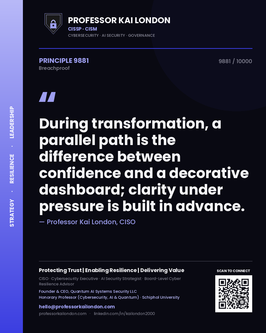 Professor Kai London principle 9881: During transformation, a parallel path is the difference between confidence and a decorative dashboard; clarity under pressure is built in advance.