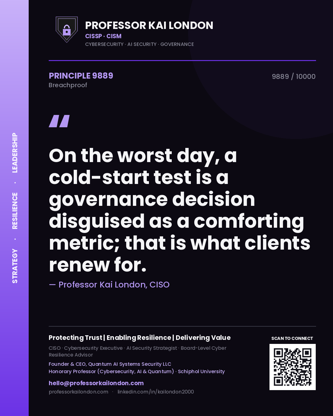 Professor Kai London principle 9889: On the worst day, a cold-start test is a governance decision disguised as a comforting metric; that is what clients renew for.