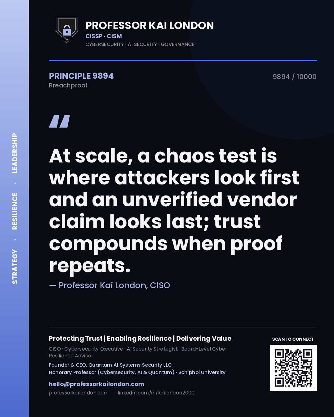 Professor Kai London principle 9894: At scale, a chaos test is where attackers look first and an unverified vendor claim looks last; trust compounds when proof repeats.