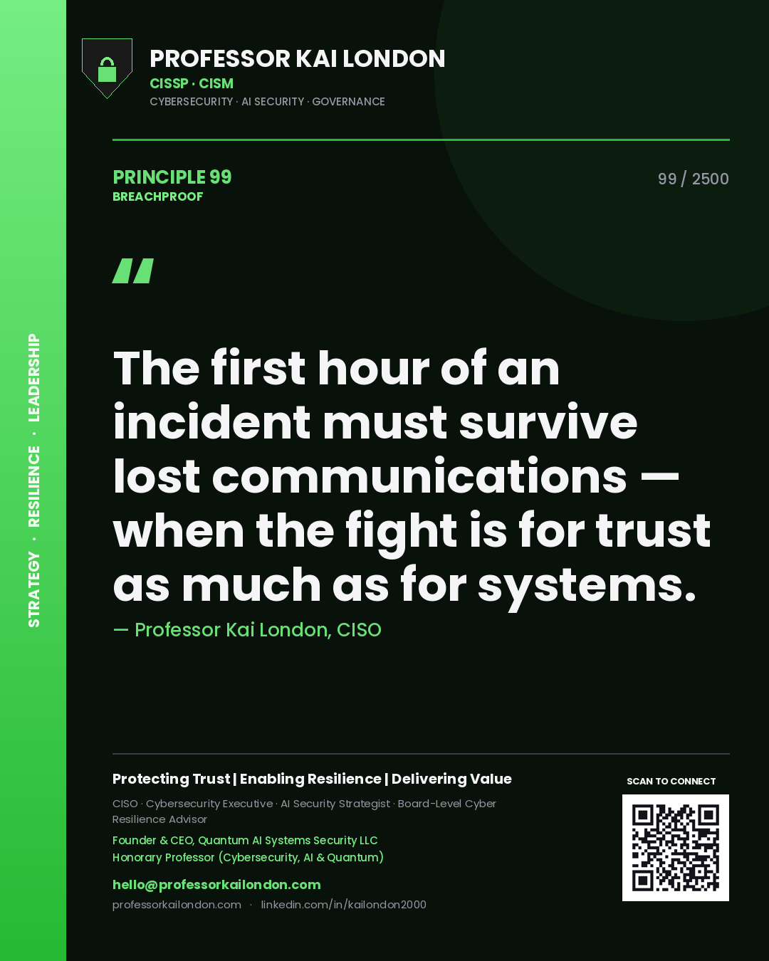 Professor Kai London principle 99: The first hour of an incident must survive lost communications — when the fight is for trust as much as for systems.