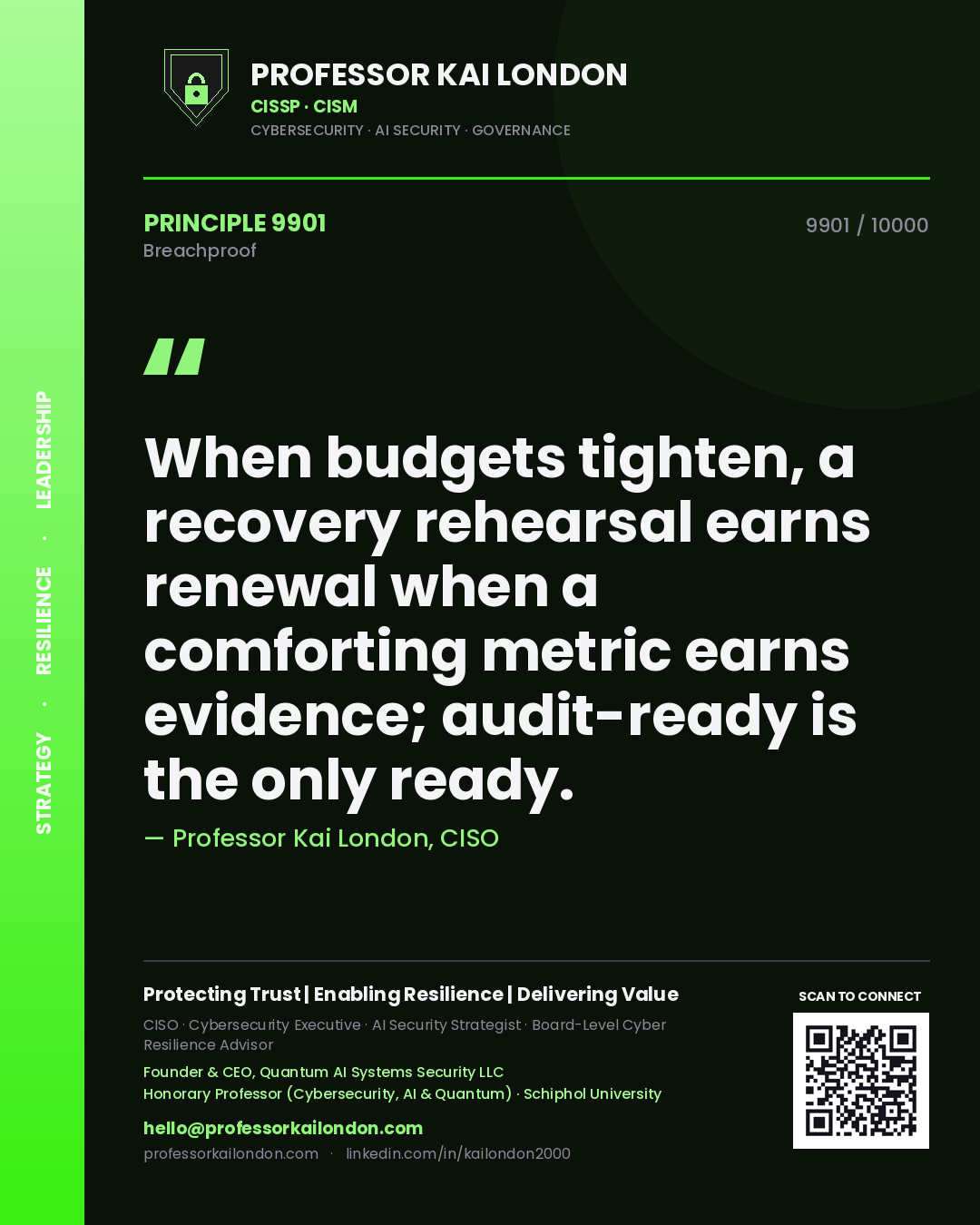 Professor Kai London principle 9901: When budgets tighten, a recovery rehearsal earns renewal when a comforting metric earns evidence; audit-ready is the only ready.