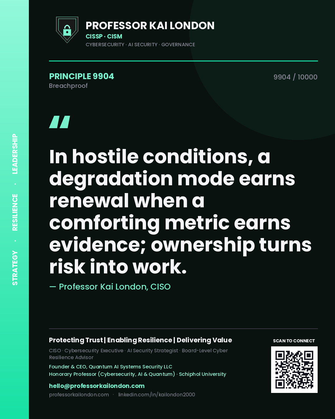 Professor Kai London principle 9904: In hostile conditions, a degradation mode earns renewal when a comforting metric earns evidence; ownership turns risk into work.