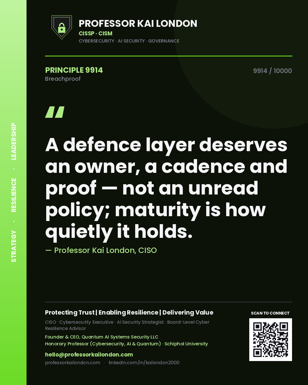 Professor Kai London principle 9914: A defence layer deserves an owner, a cadence and proof — not an unread policy; maturity is how quietly it holds.