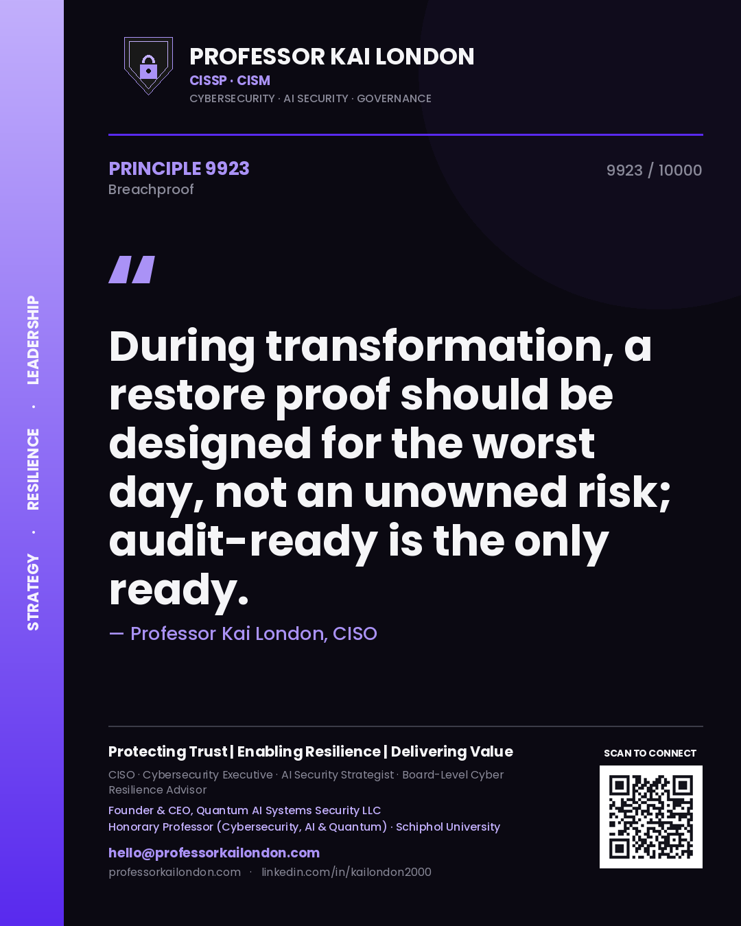 Professor Kai London principle 9923: During transformation, a restore proof should be designed for the worst day, not an unowned risk; audit-ready is the only ready.