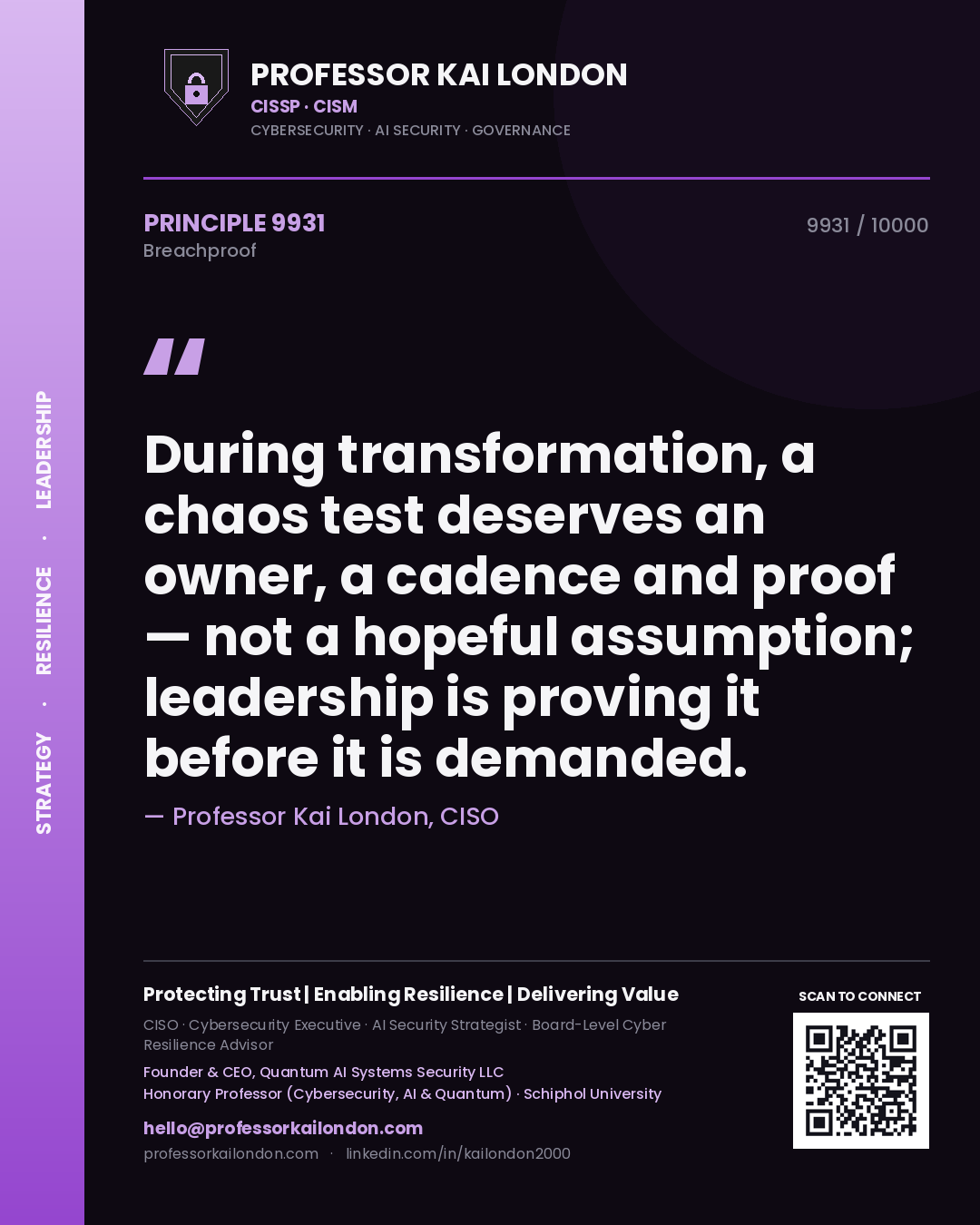 Professor Kai London principle 9931: During transformation, a chaos test deserves an owner, a cadence and proof — not a hopeful assumption; leadership is proving it before it is demanded.